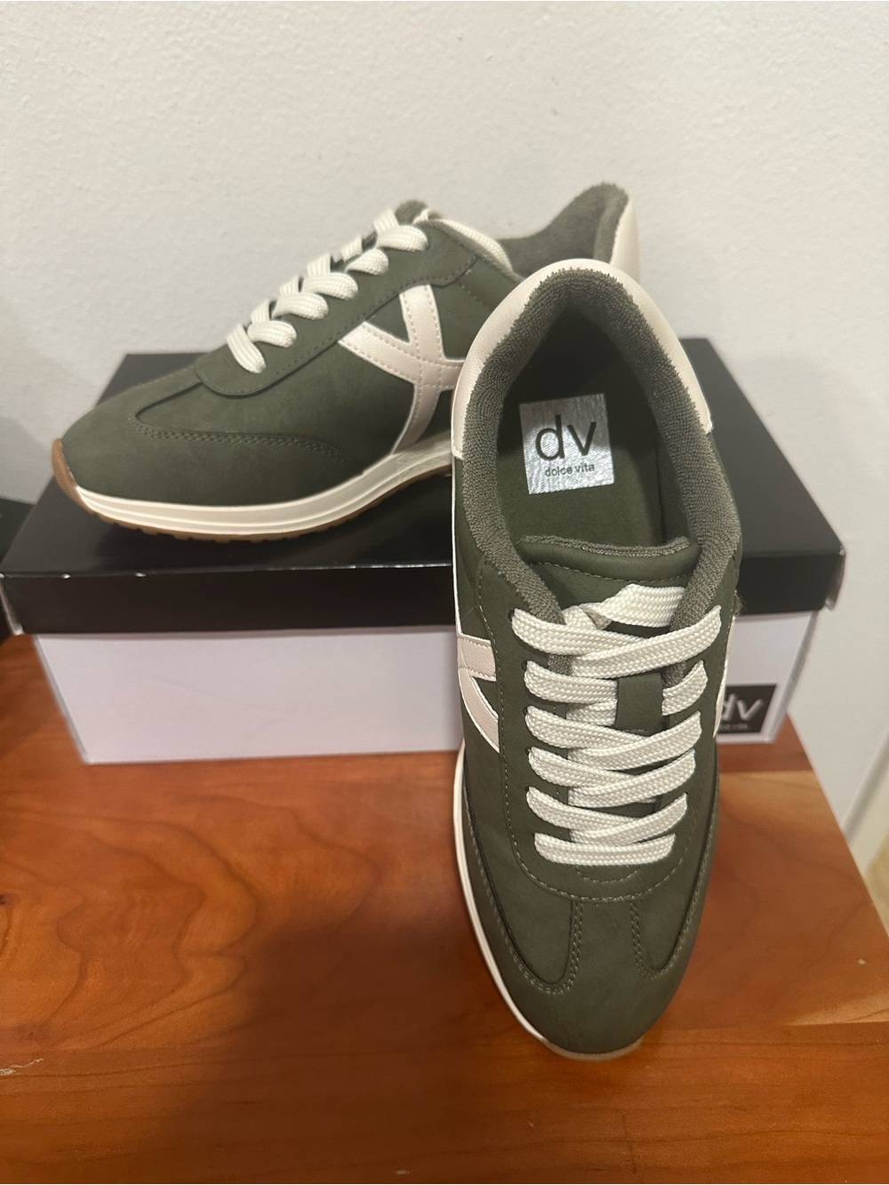 DV by Dolce Vita Women’s Faux Suede Olive Green and White Sneakers Fall colors!